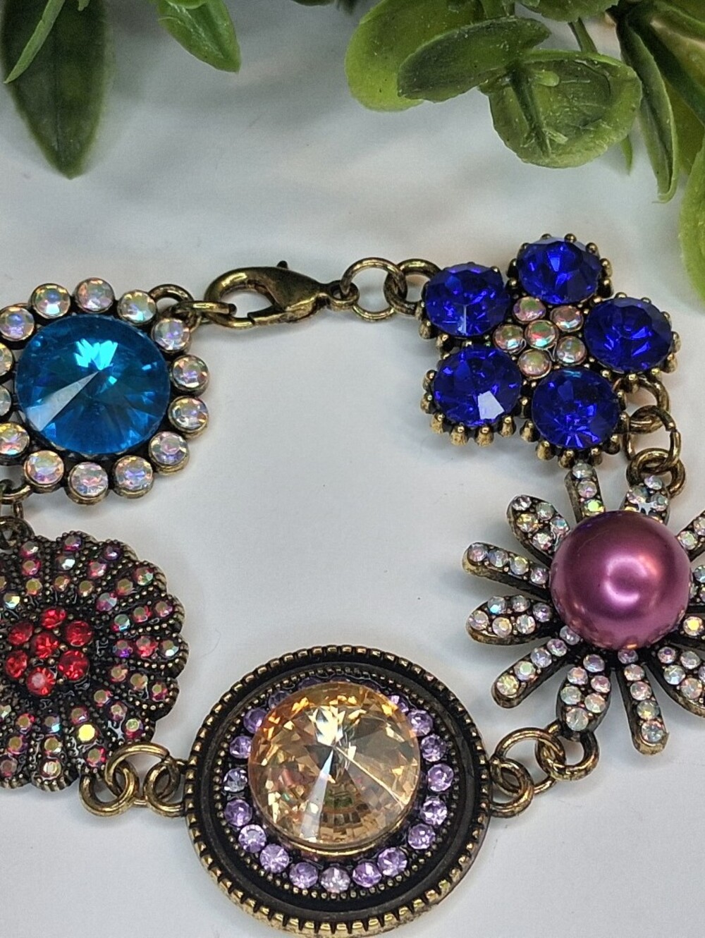 Multi-Color Crystal Flower Statement  Bracelet Vintage Vibe